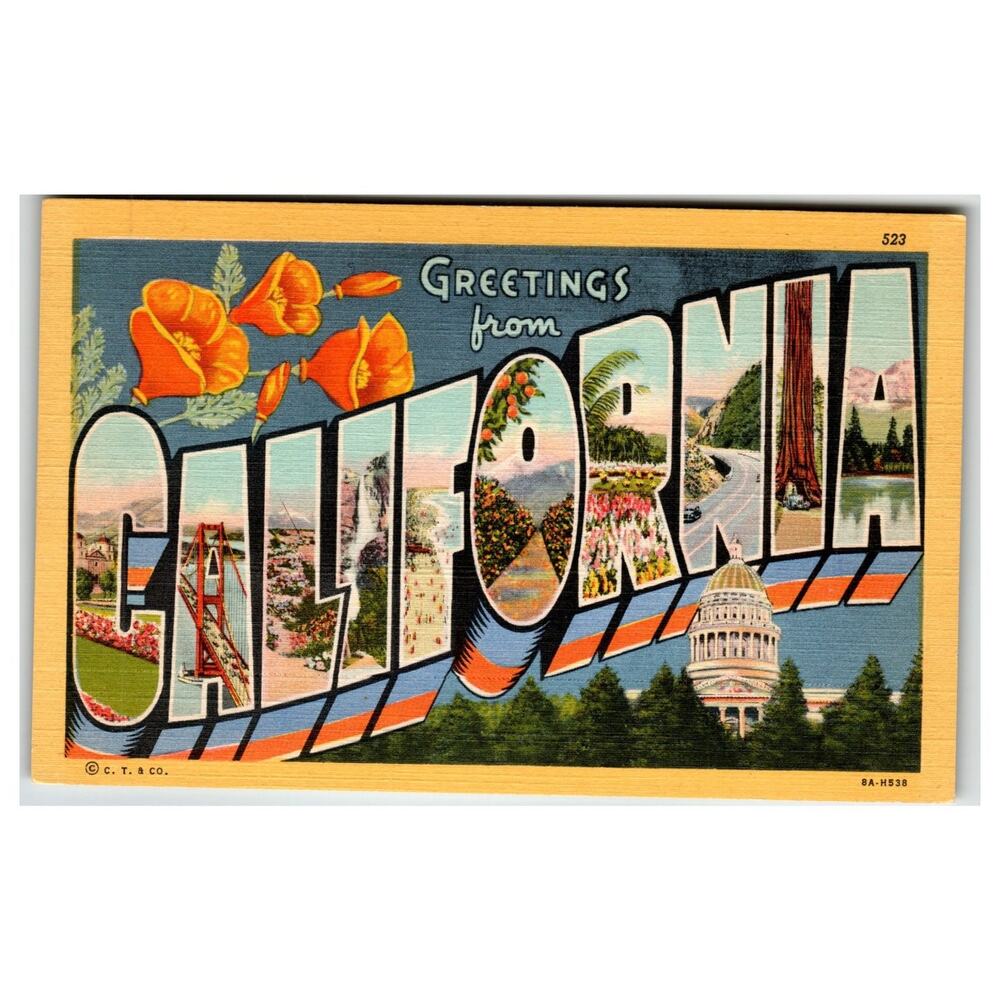Greetings from California Linen Postcard Curt Teich Golden Gate Capitol